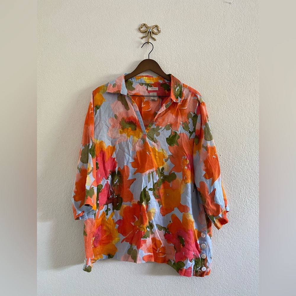 Joie 100% Linen Popover Tunic Top Blouse Vibrant Tropical Floral Size 1X